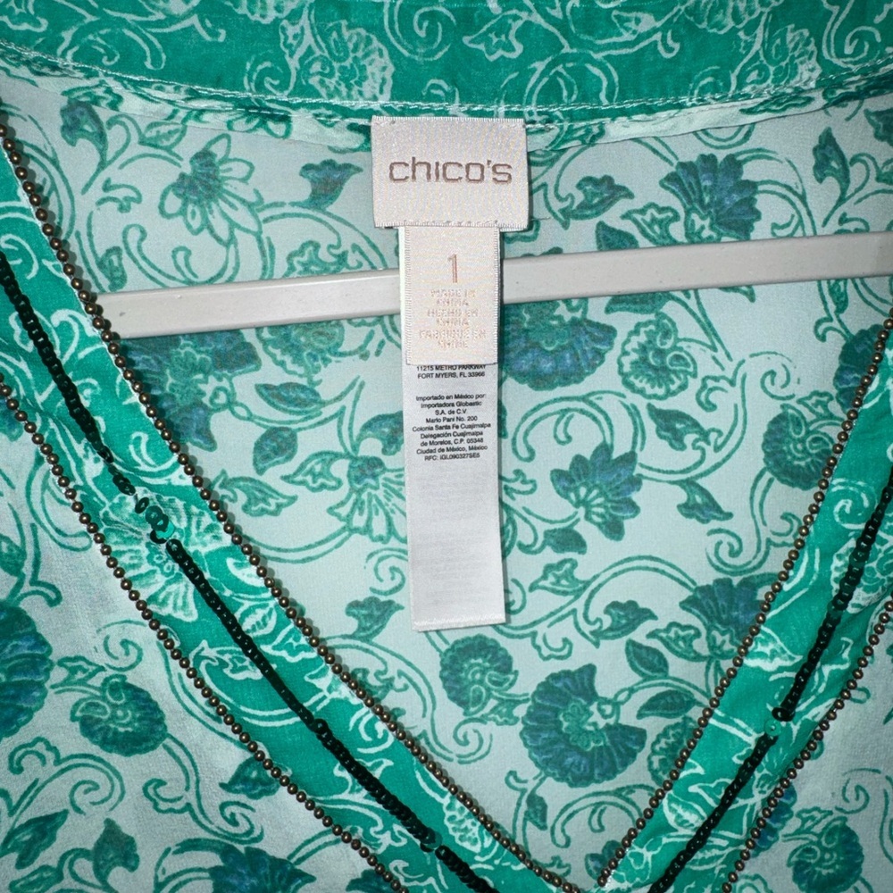 CHICO’S Size 1 Congo Floral Tunic Pullover Semi Sheer Top Green/ White Beaded - Picture 4 of 12